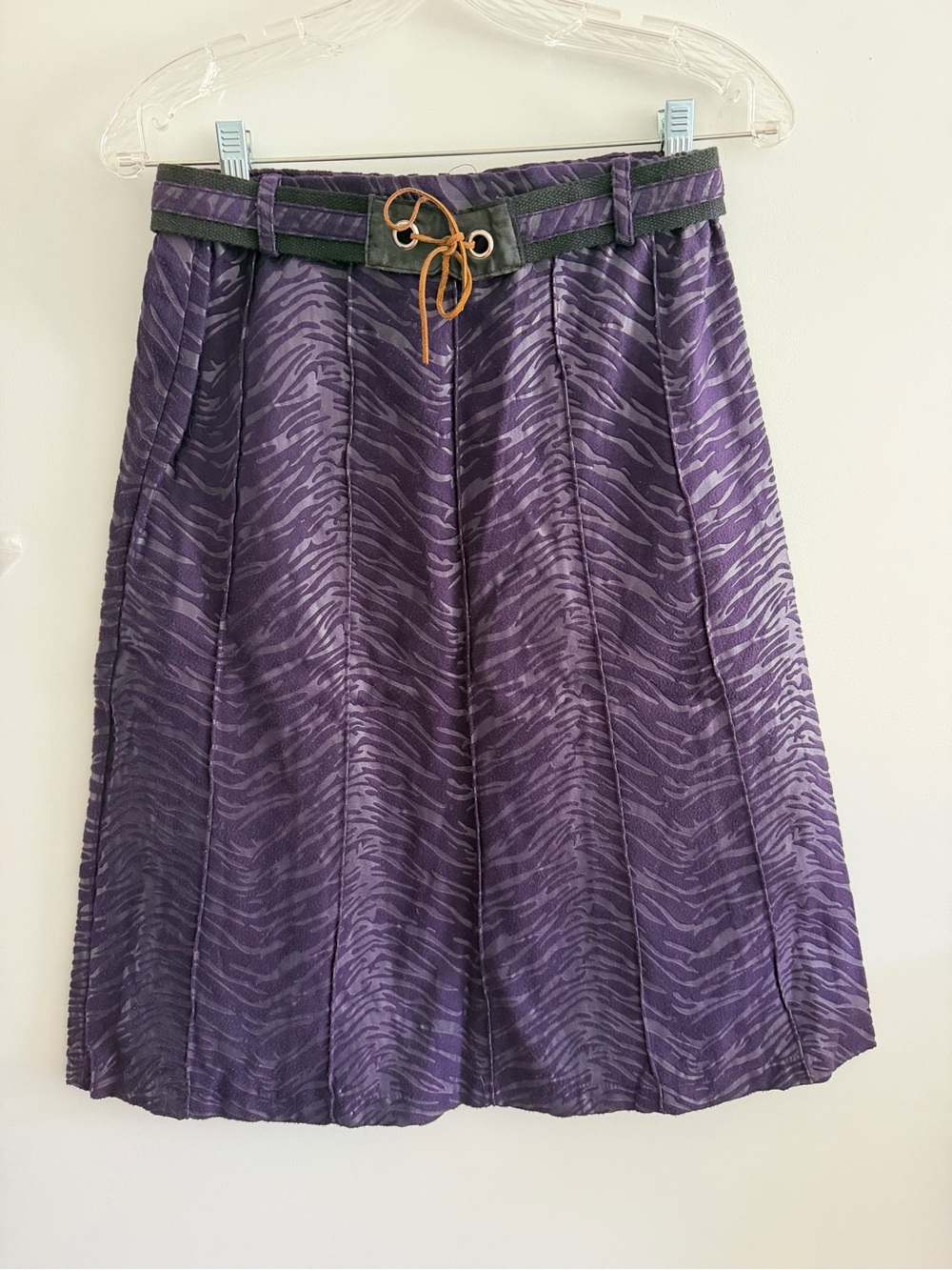 Purple Zebra-Pattern A-Line Skirt with Black Belt and Tan Lace